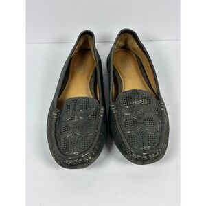 Coach Signature C Perforated Metallic Gunmetal Leather Driving Loafers Flats